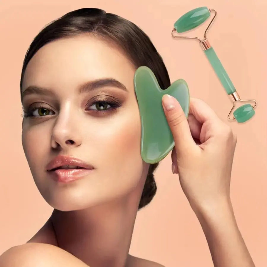 Gua Sha Board 2PCS Massage Stone for Facial Body Skincare Roller Scraping Massager Natural Resin Facial Lifting Scraper Neck anti Wrinkle Massager Tool Smooth Handle Highly Polished Self Care Tool for Youth